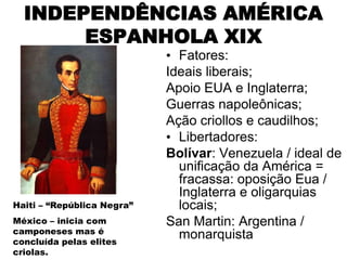 INDEPENDÊNCIAS AMÉRICA
       ESPANHOLA XIX
                            • Fatores:
                            Ideais liberais;
                            Apoio EUA e Inglaterra;
                            Guerras napoleônicas;
                            Ação criollos e caudilhos;
                            • Libertadores:
                            Bolívar: Venezuela / ideal de
                              unificação da América =
                              fracassa: oposição Eua /
                              Inglaterra e oligarquias
Haiti – “República Negra”     locais;
México – inicia com         San Martin: Argentina /
camponeses mas é
concluída pelas elites
                              monarquista
criolas.
 