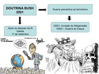 DOUTRINA BUSH           Guerra preventiva ao terrorismo
    2001



                        •2001- Invasão do Afeganistão
Após os ataques da Al     •2003 – Guerra do Iraque
       Qaeda
   11 de setembro
 