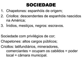 SOCIEDADE
1. Chapetones: espanhóis de origem;
2. Criollos: descendentes de espanhóis nascidos
   na América;
3. Ínidios, mestiços, negros: escravos.

Sociedade com privilégios de cor;
Chapetones: altos cargos públicos;
Criollos: latifundiários, mineradores,
   comerciantes = ocupam os cabildos = poder
   local = câmara municipal.
 