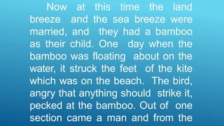 Now at this time the land
breeze and the sea breeze were
married, and they had a bamboo
as their child. One day when the
bamboo was floating about on the
water, it struck the feet of the kite
which was on the beach. The bird,
angry that anything should strike it,
pecked at the bamboo. Out of one
section came a man and from the
 