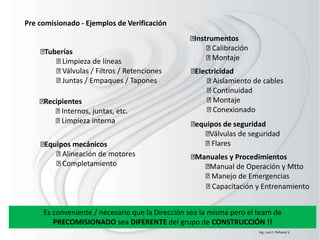Pre comisionado - Ejemplos de Verificación
Recipientes
Internos, juntas, etc.
Limpieza interna
Equipos mecánicos
Alineación de motores
Completamiento
Tuberías
Limpieza de líneas
Válvulas / Filtros / Retenciones
Juntas / Empaques / Tapones
Electricidad
Aislamiento de cables
Continuidad
Montaje
Conexionado
Instrumentos
Calibración
Montaje
Es conveniente / necesario que la Dirección sea la misma pero el team de
PRECOMISIONADO sea DIFERENTE del grupo de CONSTRUCCIÓN !!
equipos de seguridad
Válvulas de seguridad
Flares
Manuales y Procedimientos
Manual de Operación y Mtto
Manejo de Emergencias
Capacitación y Entrenamiento
Ing. Luis E. Peñuela V.
 