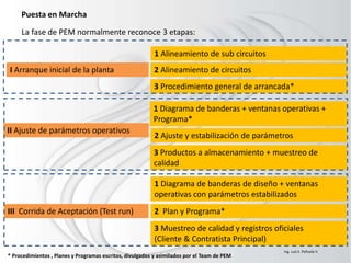 Puesta en Marcha
La fase de PEM normalmente reconoce 3 etapas:
I Arranque inicial de la planta
1 Alineamiento de sub circuitos
2 Alineamiento de circuitos
3 Procedimiento general de arrancada*
II Ajuste de parámetros operativos
1 Diagrama de banderas + ventanas operativas +
Programa*
2 Ajuste y estabilización de parámetros
3 Productos a almacenamiento + muestreo de
calidad
III Corrida de Aceptación (Test run)
1 Diagrama de banderas de diseño + ventanas
operativas con parámetros estabilizados
2 Plan y Programa*
3 Muestreo de calidad y registros oficiales
(Cliente & Contratista Principal)
* Procedimientos , Planes y Programas escritos, divulgados y asimilados por el Team de PEM
Ing. Luis E. Peñuela V.
 
