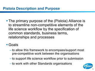 14
Pistoia Description and Purpose
 The primary purpose of the (Pistoia) Alliance is
to streamline non-competitive elements of the
life science workflow by the specification of
common standards, business terms,
relationships and processes
 Goals
– to allow this framework to encompass/support most
pre-competitive work between the organisations
– to support life science workflow prior to submission
– to work with other Standards organisations
 