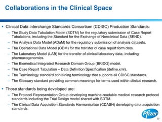 22
Collaborations in the Clinical Space
 Clinical Data Interchange Standards Consortium (CDISC) Production Standards:
– The Study Data Tabulation Model (SDTM) for the regulatory submission of Case Report
Tabulations, including the Standard for the Exchange of Nonclinical Data (SEND).
– The Analysis Data Model (ADaM) for the regulatory submission of analysis datasets.
– The Operational Data Model (ODM) for the transfer of case report form data.
– The Laboratory Model (LAB) for the transfer of clinical laboratory data, including
pharmacogenomics.
– The Biomedical Integrated Research Domain Group (BRIDG) model.
– The Case Report Tabulation – Data Definition Specification (define.xml).
– The Terminology standard containing terminology that supports all CDISC standards.
– The Glossary standard providing common meanings for terms used within clinical research.
 Those standards being developed are:
– The Protocol Representation Group developing machine-readable medical research protocol
standards including the Trial Design model shared with SDTM.
– The Clinical Data Acquisition Standards Harmonisation (CDASH) developing data acquisition
standards.
 
