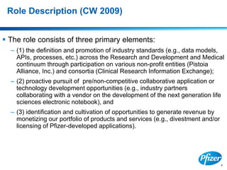 4
Role Description (CW 2009)
 The role consists of three primary elements:
– (1) the definition and promotion of industry standards (e.g., data models,
APIs, processes, etc.) across the Research and Development and Medical
continuum through participation on various non-profit entities (Pistoia
Alliance, Inc.) and consortia (Clinical Research Information Exchange);
– (2) proactive pursuit of pre/non-competitive collaborative application or
technology development opportunities (e.g., industry partners
collaborating with a vendor on the development of the next generation life
sciences electronic notebook), and
– (3) identification and cultivation of opportunities to generate revenue by
monetizing our portfolio of products and services (e.g., divestment and/or
licensing of Pfizer-developed applications).
 