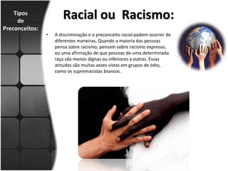Tipos
de
Preconceitos:
• A discriminação e o preconceito racial podem ocorrer de
diferentes maneiras. Quando a maioria das pessoas
pensa sobre racismo, pensam sobre racismo expresso,
ou uma afirmação de que pessoas de uma determinada
raça são menos dignas ou inferiores a outras. Essas
atitudes são muitas vezes vistas em grupos de ódio,
como os supremacistas brancos.
Racial ou Racismo:
 