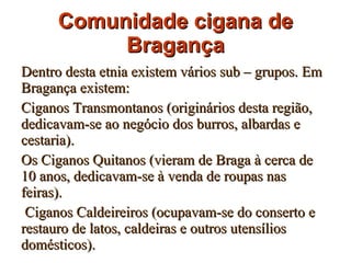Comunidade cigana de Bragança Dentro desta etnia existem vários sub – grupos. Em Bragança existem:  Ciganos Transmontanos (originários desta região, dedicavam-se ao negócio dos burros, albardas e cestaria).  Os Ciganos Quitanos (vieram de Braga à cerca de 10 anos, dedicavam-se à venda de roupas nas feiras). Ciganos Caldeireiros (ocupavam-se do conserto e restauro de latos, caldeiras e outros utensílios domésticos). 
