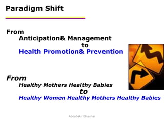 10
From
Anticipation& Management
to
Health Promotion& Prevention
From
Healthy Mothers Healthy Babies
to
Healthy Women Healthy Mothers Healthy Babies
Paradigm Shift
Aboubakr Elnashar
 