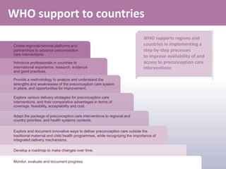 WHO support to countries
Introduce professionals in countries to
international experience, research, evidence
and good practices.
Provide a methodology to analyze and understand the
strengths and weaknesses of the preconception care system
in place, and opportunities for improvement.
Adapt the package of preconception care interventions to regional and
country priorities, and health systems contexts.
Explore various delivery strategies for preconception care
interventions, and their comparative advantages in terms of
coverage, feasibility, acceptability and cost.
Explore and document innovative ways to deliver preconception care outside the
traditional maternal and child health programmes, while recognizing the importance of
integrated delivery mechanisms.
Monitor, evaluate and document progress.
Create regional/national platforms and
partnerships to advance preconception
care interventions.
Develop a roadmap to make changes over time.
WHO supports regions and
countries in implementing a
step-by-step processes
to improve availability of and
access to preconception care
interventions
 