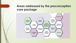 Areas addressed by the preconception
care package
 