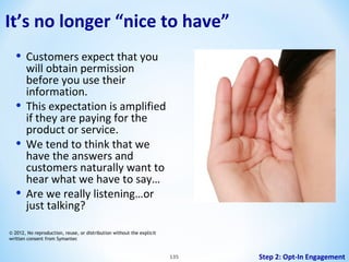 It’s no longer “nice to have”
•
•
•
•

Customers expect that you
will obtain permission
before you use their
information.
This expectation is amplified
if they are paying for the
product or service.
We tend to think that we
have the answers and
customers naturally want to
hear what we have to say…
Are we really listening…or
just talking?

© 2012, No reproduction, reuse, or distribution without the explicit
written consent from Symantec

135

Step 2: Opt-In Engagement

 