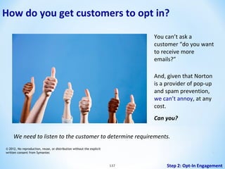 How do you get customers to opt in?
You can’t ask a
customer “do you want
to receive more
emails?”
And, given that Norton
is a provider of pop-up
and spam prevention,
we can’t annoy, at any
cost.
Can you?
We need to listen to the customer to determine requirements.
© 2012, No reproduction, reuse, or distribution without the explicit
written consent from Symantec

137

137

Step 2: Opt-In Engagement

 