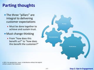 Parting thoughts
• The three “pillars” are

integral to delivering
customer expectations
♦

Must be done together to
achieve and sustain trust.

• Must change thinking
♦

From “how does this
benefit us?” to “how does
this benefit the customer?”

© 2012, No reproduction, reuse, or distribution without the explicit
written consent from Symantec

147

147

Step 2: Opt-In Engagement

 