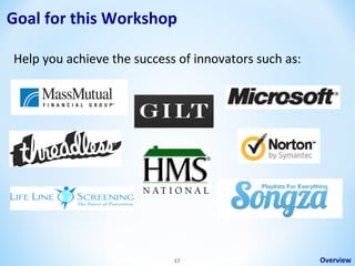 Goal for this Workshop
Help you achieve the success of innovators such as:

17

Overview

 