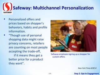 Safeway: Multichannel Personalization
•

•

Personalized offers and
prices based on shopper’s
behaviors, habits and profile
information.
“Though use of personal
shopping data might raise
privacy concerns, retailers
are counting on most people
accepting the trade-off,
if it means they get a
better price for a product
they want”.

Safeway employee signing up a shopper for
custom offers.

New York Times 8/9/12
176

Step 2: Opt-In Engagement

 