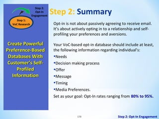 Step 2:
Opt-In
Engagement
Step 1:
VoC Research

Create Powerful
Preference-Based
Databases With
Customer’s SelfProfiled
Information

Step 2: Summary
Opt-in is not about passively agreeing to receive email.
It’s about actively opting in to a relationship and selfprofiling your preferences and aversions.
Your VoC-based opt-in database should include at least,
the following information regarding individual’s:
•Needs
•Decision making process
•Offer
•Message
•Timing
•Media Preferences.
Set as your goal: Opt-In rates ranging from 80% to 95%.

178

Step 2: Opt-In Engagement

 