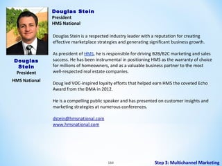 Douglas Stein
President
HMS National
Douglas Stein is a respected industry leader with a reputation for creating
effective marketplace strategies and generating significant business growth.
Douglas
Stein
President
HMS National

As president of HMS, he is responsible for driving B2B/B2C marketing and sales
success. He has been instrumental in positioning HMS as the warranty of choice
for millions of homeowners, and as a valuable business partner to the most
well-respected real estate companies.
Doug led VOC-inspired loyalty efforts that helped earn HMS the coveted Echo
Award from the DMA in 2012.
He is a compelling public speaker and has presented on customer insights and
marketing strategies at numerous conferences.
dstein@hmsnational.com
www.hmsnational.com

184

Step 3: Multichannel Marketing

 