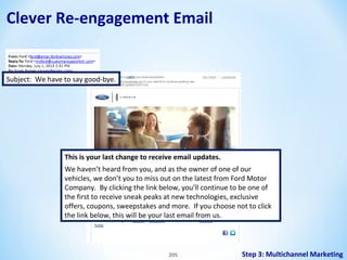 Clever Re-engagement Email

Subject: We have to say good-bye.

This is your last change to receive email updates.
We haven’t heard from you, and as the owner of one of our
vehicles, we don’t you to miss out on the latest from Ford Motor
Company. By clicking the link below, you’ll continue to be one of
the first to receive sneak peaks at new technologies, exclusive
offers, coupons, sweepstakes and more. If you choose not to click
the link below, this will be your last email from us.

205

Step 3: Multichannel Marketing

 