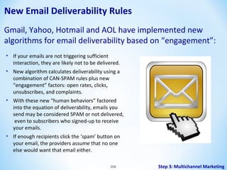 New Email Deliverability Rules
Gmail, Yahoo, Hotmail and AOL have implemented new
algorithms for email deliverability based on “engagement”:
• If your emails are not triggering sufficient
interaction, they are likely not to be delivered.
• New algorithm calculates deliverability using a
combination of CAN-SPAM rules plus new
“engagement” factors: open rates, clicks,
unsubscribes, and complaints.
• With these new “human behaviors” factored
into the equation of deliverability, emails you
send may be considered SPAM or not delivered,
even to subscribers who signed-up to receive
your emails.
• If enough recipients click the ‘spam’ button on
your email, the providers assume that no one
else would want that email either.
206

Step 3: Multichannel Marketing

 