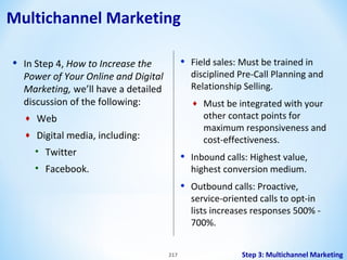 Multichannel Marketing
•

•

In Step 4, How to Increase the
Power of Your Online and Digital
Marketing, we’ll have a detailed
discussion of the following:
♦

♦

Web

♦

Field sales: Must be trained in
disciplined Pre-Call Planning and
Relationship Selling.

Digital media, including:
• Twitter

Must be integrated with your
other contact points for
maximum responsiveness and
cost-effectiveness.

•
•

• Facebook.

217

Inbound calls: Highest value,
highest conversion medium.
Outbound calls: Proactive,
service-oriented calls to opt-in
lists increases responses 500% 700%.
Step 3: Multichannel Marketing

 