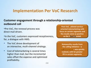 Implementation Per VoC Research
Customer engagement through a relationship-oriented
outbound call
•Pre-VoC, the renewal process was
direct mail driven.

•In the VoC, customers expressed receptiveness,
for, a dialogue with HMS.

• The VoC drove development of

an interactive, multi-channel strategy.

• Cost of telemarketing is several times

higher than mail, but the incremental
sales offset the expense and optimized
profitability.
250

Post-VoC, piloted serviceoriented telemarketing with
focus on certain segments and
the results were as positive
as the VoC projected.
desire

Noteworthy results from
the calling initiative – a
20% increase – was quickly
realized, with far greater
lift in certain segments.

 