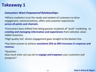 Takeaway 1
Consumers Want Empowered Relationships:

•Where marketers trust the needs and wisdom of customers to drive
engagement, communications, offers and customer experiences
across all points and channels.

•Consumers have shifted from being passive recipients of “push” marketing
creating and managing information and experiences from selected, valueadded resources.
•High quality VoC -driven engagement goes straight to the bottom line.

to

•Has been proven to achieve consistent 25% to 50% increases in response and
revenue.

•Question:

How much more can you do to engage and empower your customers and
prospects?

261

Step 4: Online & Digital

 