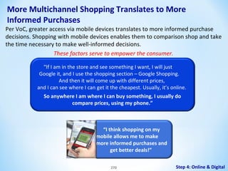 More Multichannel Shopping Translates to More
Informed Purchases

Per VoC, greater access via mobile devices translates to more informed purchase
decisions. Shopping with mobile devices enables them to comparison shop and take
the time necessary to make well-informed decisions.
These factors serve to empower the consumer.
“If I am in the store and see something I want, I will just
Google it, and I use the shopping section – Google Shopping.
And then it will come up with different prices,
and I can see where I can get it the cheapest. Usually, it’s online.
So anywhere I am where I can buy something, I usually do
compare prices, using my phone.”

“I think shopping on my
mobile allows me to make
more informed purchases and
get better deals!”
270

Step 4: Online & Digital

 