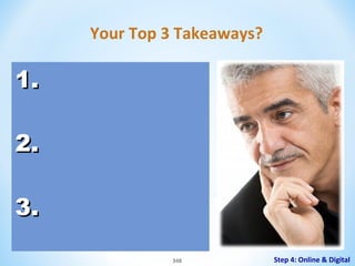 Your Top 3 Takeaways?

1.
2.
3.
348

Step 4: Online & Digital

 