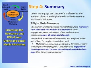 Step 4:
Online and
Social
Step 1:
VoC Research

Step 2:
Opt-In
Engagement

Step 3:
Multichannel
Marketing

Increasing the
Relevance and
ROI of Your
Online and Social
Media Marketing

Step 4: Summary
Unless we engage per customer’s preferences, the
addition of social and digital media will only result in
multimedia irritation.
7 Digital Media Takeaways:
1.Consumers want empowered relationships where marketers

trust the needs and wisdom of customers to drive:
engagement, communications, offers, and customer
experience across all points and channels

2.Must think multichannel/multimedia and integrate online

and offline. This applies to mobile as well.
“. . . Multichannel customers spend two to three times more
than single-channel shoppers. Consumers who engage with
the company across three or more channels spend six times
more than the average customer.”

349

Step 4: Online & Digital

 