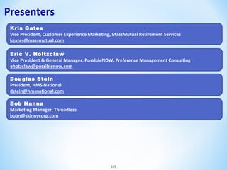 Presenters
Kris Gates
Vice President, Customer Experience Marketing, MassMutual Retirement Services
kgates@massmutual.com
Eric V. Holtzclaw
Vice President & General Manager, PossibleNOW, Preference Management Consulting
ehotzclaw@possiblenow.com
Douglas Stein
President, HMS National
dstein@hmsnational.com
Bob Nanna
Marketing Manager, Threadless
bobn@skinnycorp.com

355

 