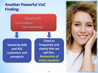 Another Powerful VoC
Finding:
Opportunity
To Transform
Your Marketing!

Voiced by B2B
and B2C
customers and
prospects

Cited so
frequently and
clearly that we
call this:
Reciprocity of
Value Equation

43

Step 1: VoC Research

 