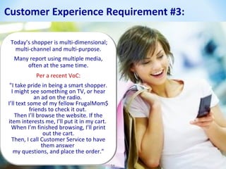 Customer Experience Requirement #3:
Today’s shopper is multi-dimensional;
multi-channel and multi-purpose.
Many report using multiple media,
often at the same time.
Per a recent VoC:
"I take pride in being a smart shopper.
I might see something on TV, or hear
an ad on the radio.
I’ll text some of my fellow FrugalMom$
friends to check it out.
Then I’ll browse the website. If the
item interests me, I’ll put it in my cart.
When I’m finished browsing, I’ll print
out the cart.
Then, I call Customer Service to have
them answer
my questions, and place the order.”
54

 