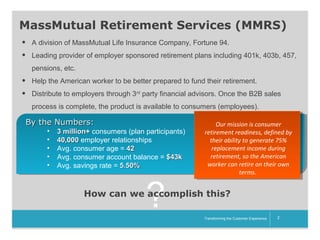 MassMutual Retirement Services (MMRS)
•
•

A division of MassMutual Life Insurance Company, Fortune 94.
Leading provider of employer sponsored retirement plans including 401k, 403b, 457,
pensions, etc.

•
•

Help the American worker to be better prepared to fund their retirement.
Distribute to employers through 3rd party financial advisors. Once the B2B sales
process is complete, the product is available to consumers (employees).

By the Numbers:
•
•
•
•
•

3 million+ consumers (plan participants)
40,000 employer relationships
Avg. consumer age = 42
Avg. consumer account balance = $43k
Avg. savings rate = 5.50%

?

Our mission is consumer
retirement readiness, defined by
their ability to generate 75%
replacement income during
retirement, so the American
worker can retire on their own
terms.

How can we accomplish this?
__________

Transforming the Customer Experience

2

 