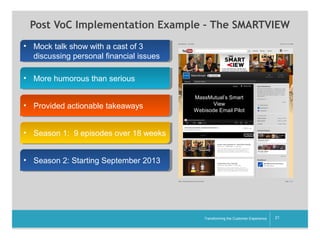 Post VoC Implementation Example – The SMARTVIEW
•• Mock talk show with a cast of 3
Mock talk show with a cast of 3
discussing personal financial issues
discussing personal financial issues
•• More humorous than serious
More humorous than serious
•• Provided actionable takeaways
Provided actionable takeaways

MassMutual’s Smart
View
Webisode Email Pilot

•• Season 1: 9 episodes over 18 weeks
Season 1: 9 episodes over 18 weeks
•• Season 2: Starting September 2013
Season 2: Starting September 2013

__________

Transforming the Customer Experience

21

 