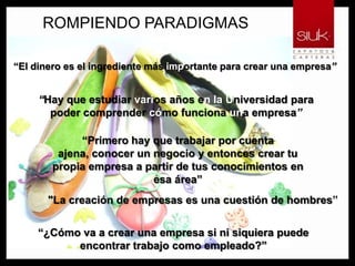 ROMPIENDO PARADIGMAS“El dinero es el ingrediente más importante para crear una empresa”“Hay que estudiar varios años en la Universidad para poder comprender cómo funciona una empresa”“Primero hay que trabajar por cuenta ajena, conocer un negocio y entonces crear tu propia empresa a partir de tus conocimientos en esa área”"La creación de empresas es una cuestión de hombres”“¿Cómo va a crear una empresa si ni siquiera puede encontrar trabajo como empleado?”