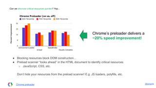 @igrigorik
Can we discover critical resources quicker? Yep...
Chrome preloader
Chrome’s preloader delivers a
~20% speed improvement!
● Blocking resources block DOM construction...
● Preload scanner “looks ahead” in the HTML document to identify critical resources
○ JavaScript, CSS, etc.
Don’t hide your resources from the preload scanner! E.g. JS loaders, polyfills, etc.
 