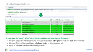@igrigorik
Let’s predict where you’re heading next...
If you type in “ama” what’s the likelihood you’re heading to Amazon?
● Chrome tracks the hit / miss count, and uses it to initiate DNS preresolve and TCP preconnect!
● High confidence hits may trigger a full prerender in a background tab.
● Head to chrome://predictors/ to see your list.
High Performance Networking in Google Chrome
 