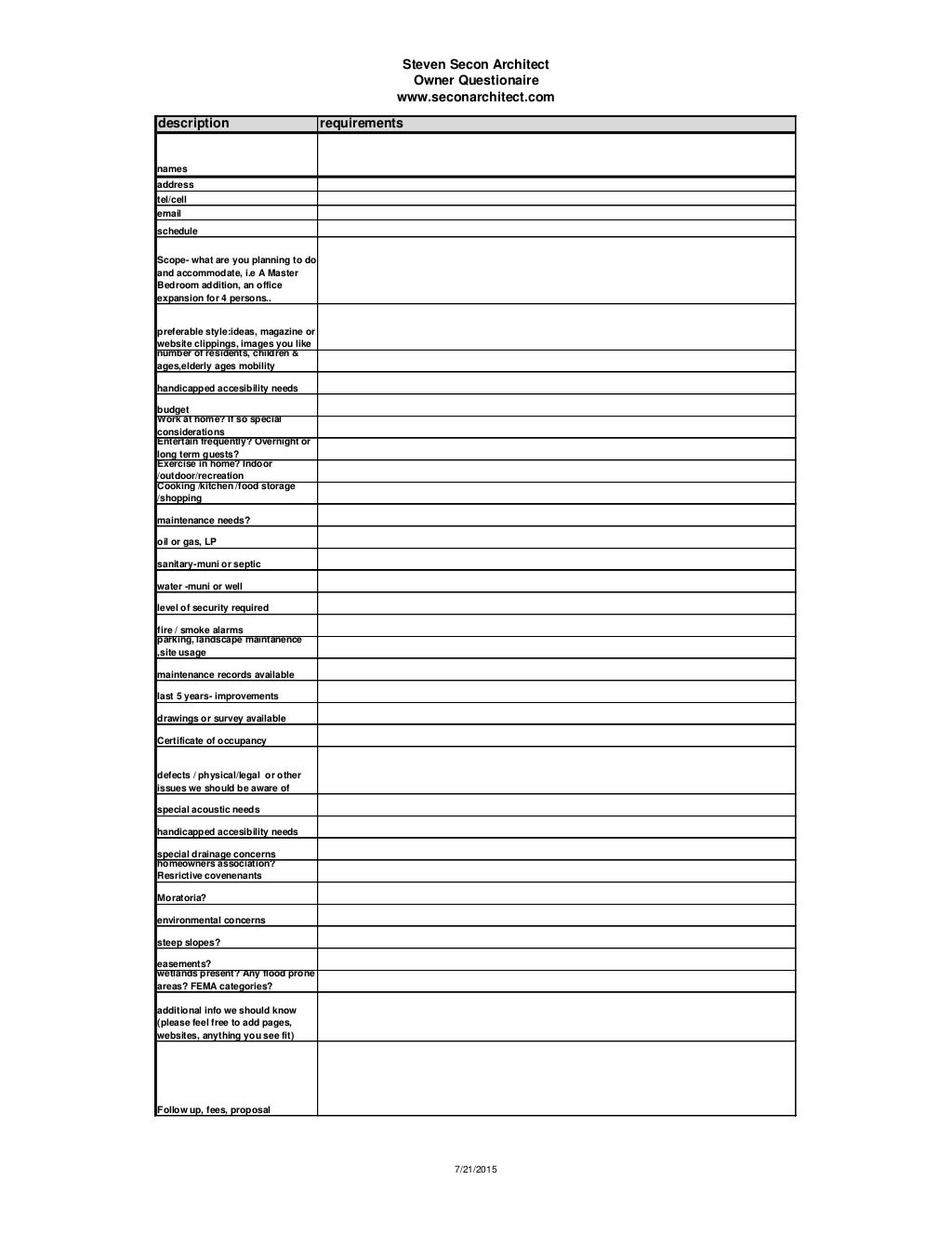 Pre construction owner questionnaire