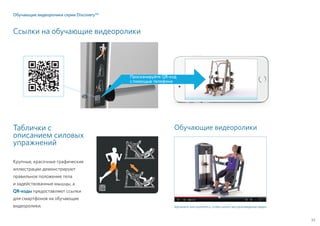 PRECOR WHITE PAPER
Обучающие видеоролики серии Discovery™
Щелкните или коснитесь, чтобы начать воспроизведение видео
Обучающие видеоролики
53
Ссылки на обучающие видеоролики
Таблички с
описанием силовых
упражнений
Крупные, красочные графические
иллюстрации демонстрируют
правильное положение тела
и задействованные мышцы, а
QR-коды предоставляют ссылки
для смартфонов на обучающие
видеоролики.
Просканируйте QR-код
с помощью телефона
 