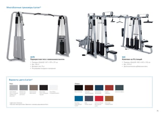 75
Многоблочные тренажеры Icarian®
Варианты цвета Icarian®
Metallic Ash
(пепельный
металлик)
•	Цвета могут отличаться.
•	Доступны также другие цвета. Обратитесь к торговому представителю Precor.
Рама
Gloss Metallic
Silver (глянцевый
серебристый
металлик)
Desert Bronze
(бронзовый)
Обивка
Black (черный) Imperial Blue
(фиалковый)
Paprika
(паприка)
Mahogany
(красное дерево)
Graphite (графит)
Slate
(темно-серый)
American Beauty
Red (красная
роза)
Royal Blue
(насыщенный
синий)
Terra Cotta
(терракотовый)
Black Magic
Gloss (глянцевый
черный)
Gloss White
(глянцевый белый)
820
Комплекс на 10 станций
•	Размеры (ДxШxВ): 465 x 402 x 234 см
•	Вес: 1475 кг
•	Дополнительные добавочные веса.
407B
Перекрестная тяга с изменением высоты
•	Размеры (ДxШxВ): 447 x 109 x 231 см
•	Вес: 396 кг
• 	Весовой стек: 91 кг
• 	Регулировка исходного положения
 