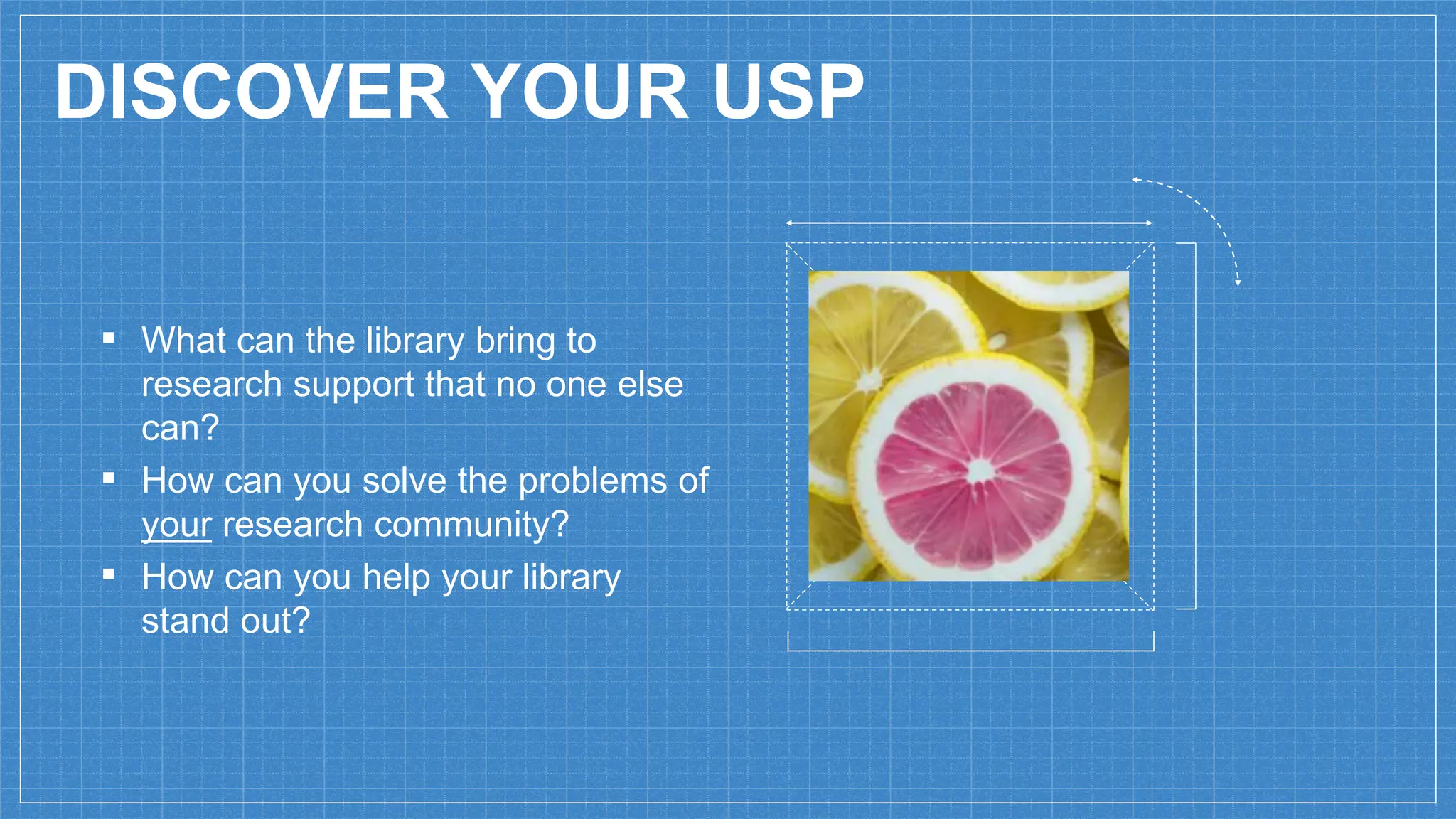 DISCOVER YOUR USP
▪ What can the library bring to
research support that no one else
can?
▪ How can you solve the problems of
your research community?
▪ How can you help your library
stand out?
 