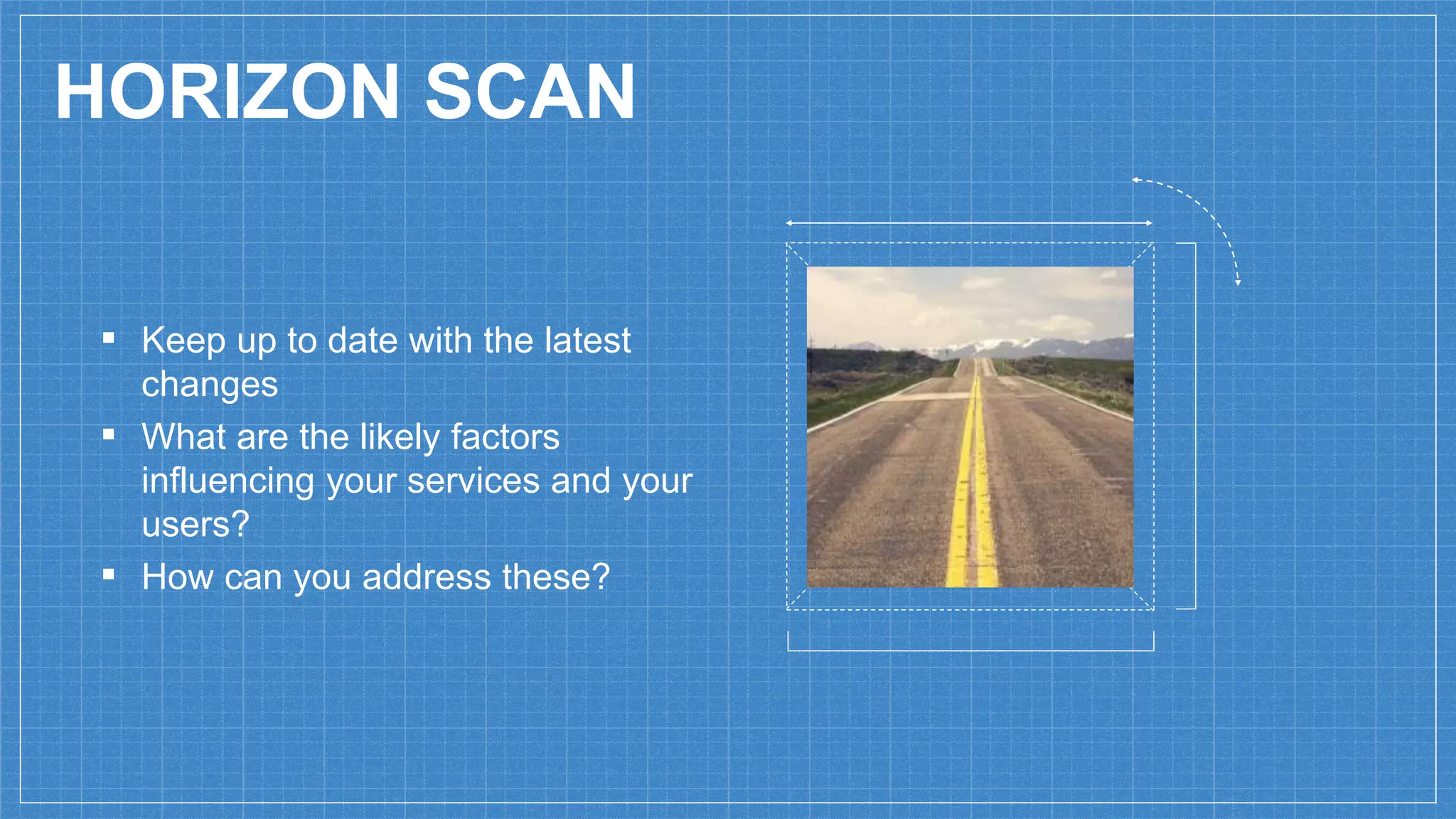 HORIZON SCAN
▪ Keep up to date with the latest
changes
▪ What are the likely factors
influencing your services and your
users?
▪ How can you address these?
 