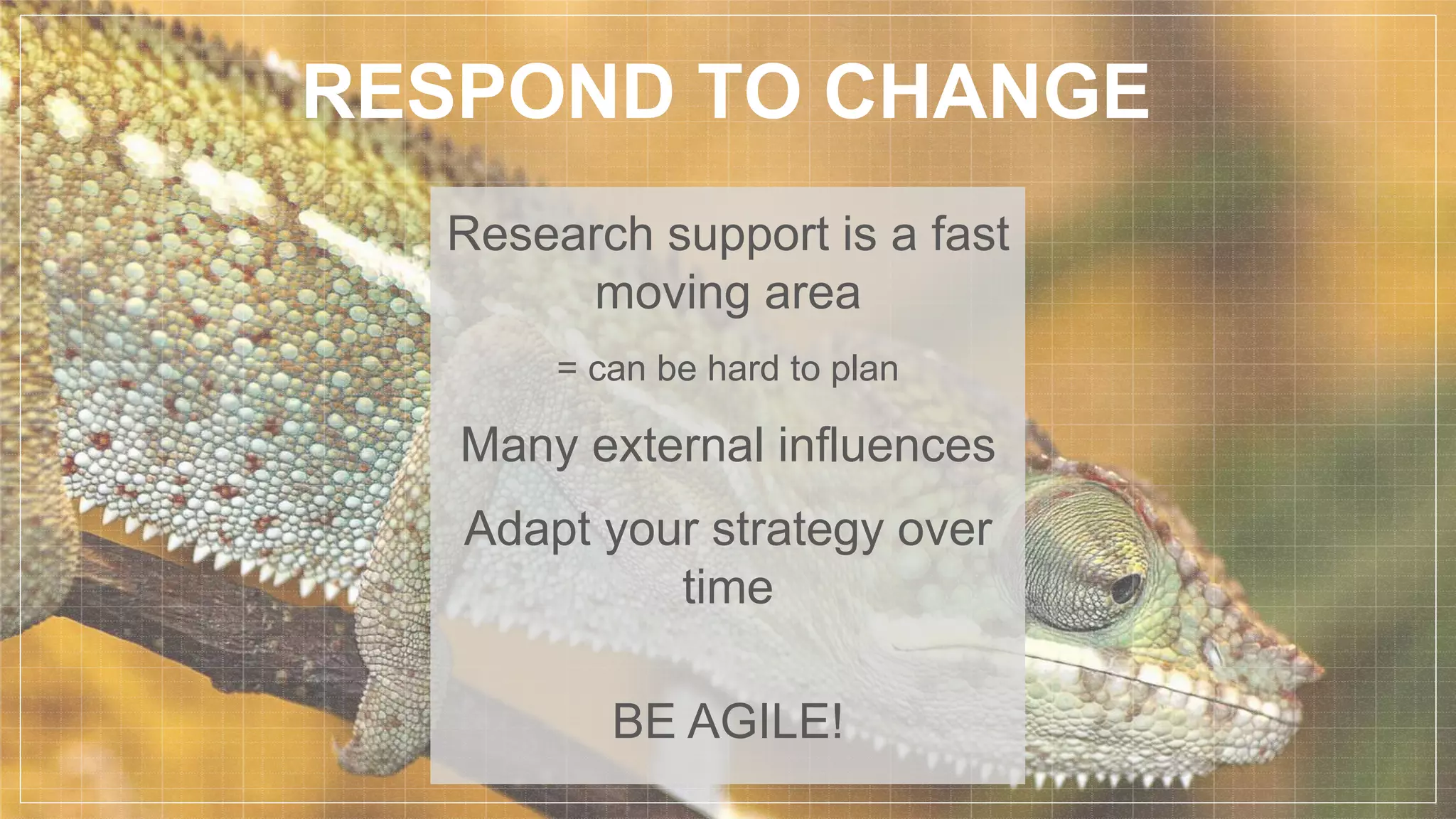 RESPOND TO CHANGE
Research support is a fast
moving area
= can be hard to plan
Many external influences
Adapt your strategy over
time
BE AGILE!
 