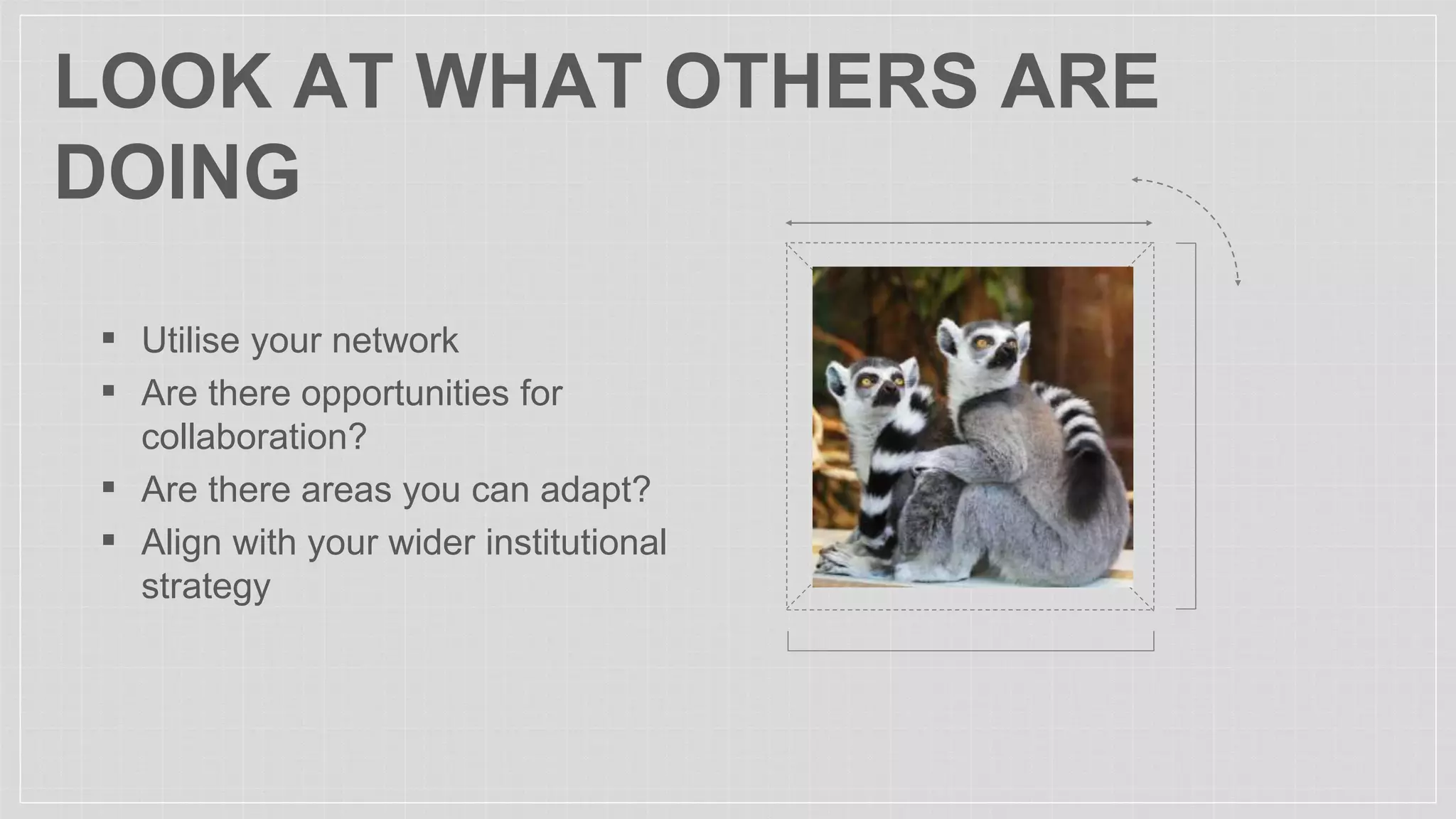 LOOK AT WHAT OTHERS ARE
DOING
▪ Utilise your network
▪ Are there opportunities for
collaboration?
▪ Are there areas you can adapt?
▪ Align with your wider institutional
strategy
 