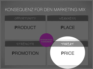 KONSEQUENZ FÜR DEN MARKETING MIX
   OPPORTUNITY                  WEAKNESS

   PRODUCT                      PLACE

                 INTERAKTIVER
                  KONSUMENT
    STRENGTH                    THREAT

  PROMOTION                     PRICE
 