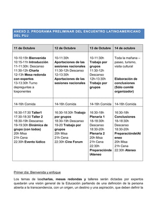 ANEXO 2. PROGRAMA PRELIMINAR DEL ENCUENTRO LATINO AMERICANO
DEL PUJ
11 de Octubre 12 de Octubre 13 de Octubre 14 de octubre
10-10:15h Bienvenida 10-11:30h 10-11:30h Toda la mañana –
10:15-11h Introducción Aportaciones de las Trabajo por paseo, turismo,
11-11:30h: Descanso sesiones nacionales grupos visita cultural
11:30-12h Charla 11:30-12h Descanso 11:30-12h
12-13h Mesa redonda 12-13:30h Descanso
con expertos Aportaciones de las 12h-13:30h Elaboración de
13-13:30h Turno sesiones nacionales Trabajo por conclusiones
depreguntas a grupos (Sólo comité
losponentes organizador)
14-16h Comida 14-16h Comida 14-16h Comida 14-16h Comida
16:30-17:30 Taller1 16:30-18:30h Trabajo 16:30-18h 16:30-18h
17:30-18:30 Taller 2 por grupos Plenaria 1 Conclusiones
18:30-19h Descanso 18:30-19h Descanso 18-18:30h 18-18:30h
19-19:30h Dinámica de 19-20 Trabajo por Descanso Descanso
grupo (con todos) grupos 18:30-20h 18:30-20h
20h Misa 20h Misa Plenaria 2 PreparacióndelAt
21h Cena 21h Cena 20h Misa eneo
22:30h Evento lúdico 22:30h Cine Forum 21h Cena 20h Misa
22:30h 21h Cena
Preparaciónde 22:30h Ateneo
lAteneo
Primer día: Bienvenida y enfoque
Los temas de lascharlas, mesas redondas y talleres serán dictadas por expertos
quedarán una visión general de la Educación partiendo de una definición de la persona
abierta a la transcendencia, con un origen, un destino y una aspiración, que deben definir la