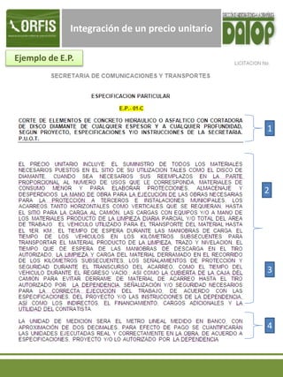 Integración de un precio unitario
Ejemplo de E.P.
1
2
3
4
 