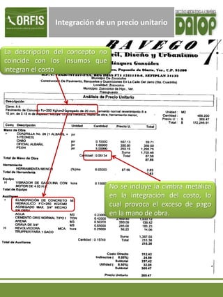 Integración de un precio unitario
La descripción del concepto no
coincide con los insumos que
integran el costo
No se incluye la cimbra metálica
en la integración del costo, lo
cual provoca el exceso de pago
en la mano de obra.
 