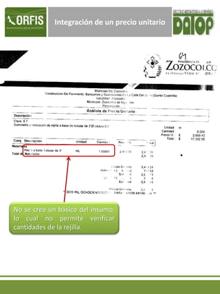 Integración de un precio unitario
No se crea un básico del insumo,
lo cual no permite verificar
cantidades de la rejilla.
 