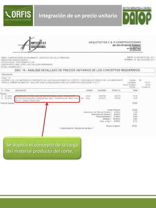 Integración de un precio unitario
Se duplica el concepto de la carga
del material producto del corte.
 